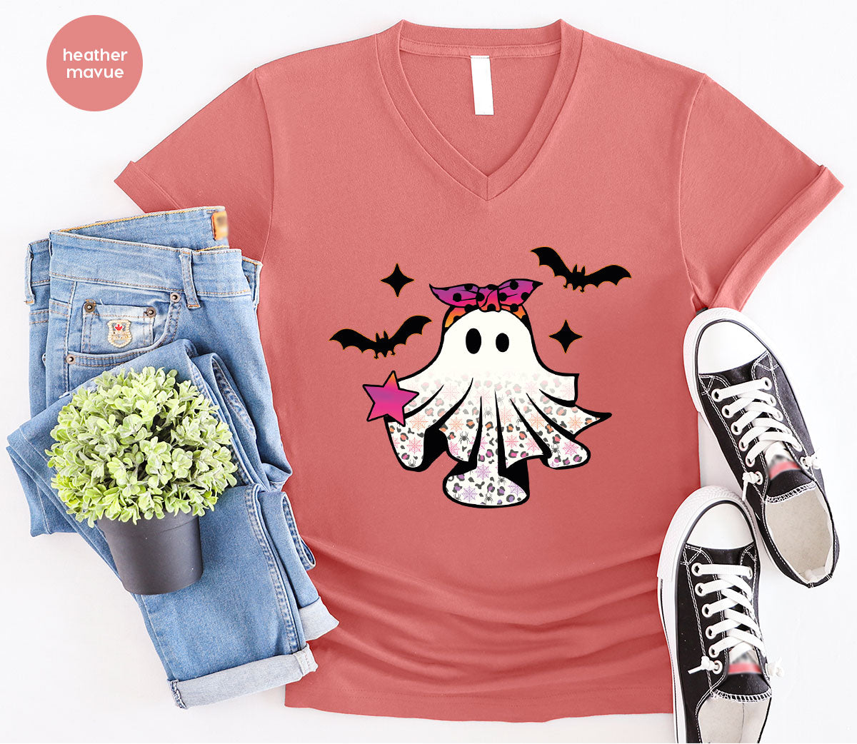 Spooky Season Outfit, Ghost Graphic Tee, Girls Boo Vneck TShirt
