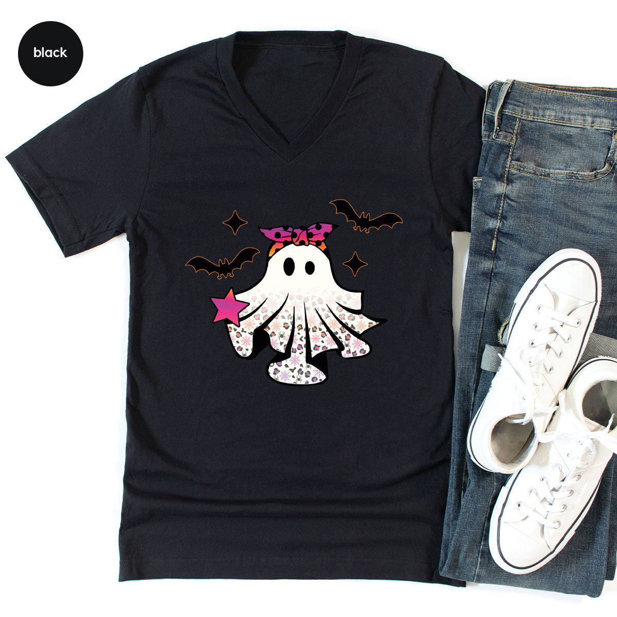 Spooky Season Outfit, Ghost Graphic Tee, Girls Boo Vneck TShirt