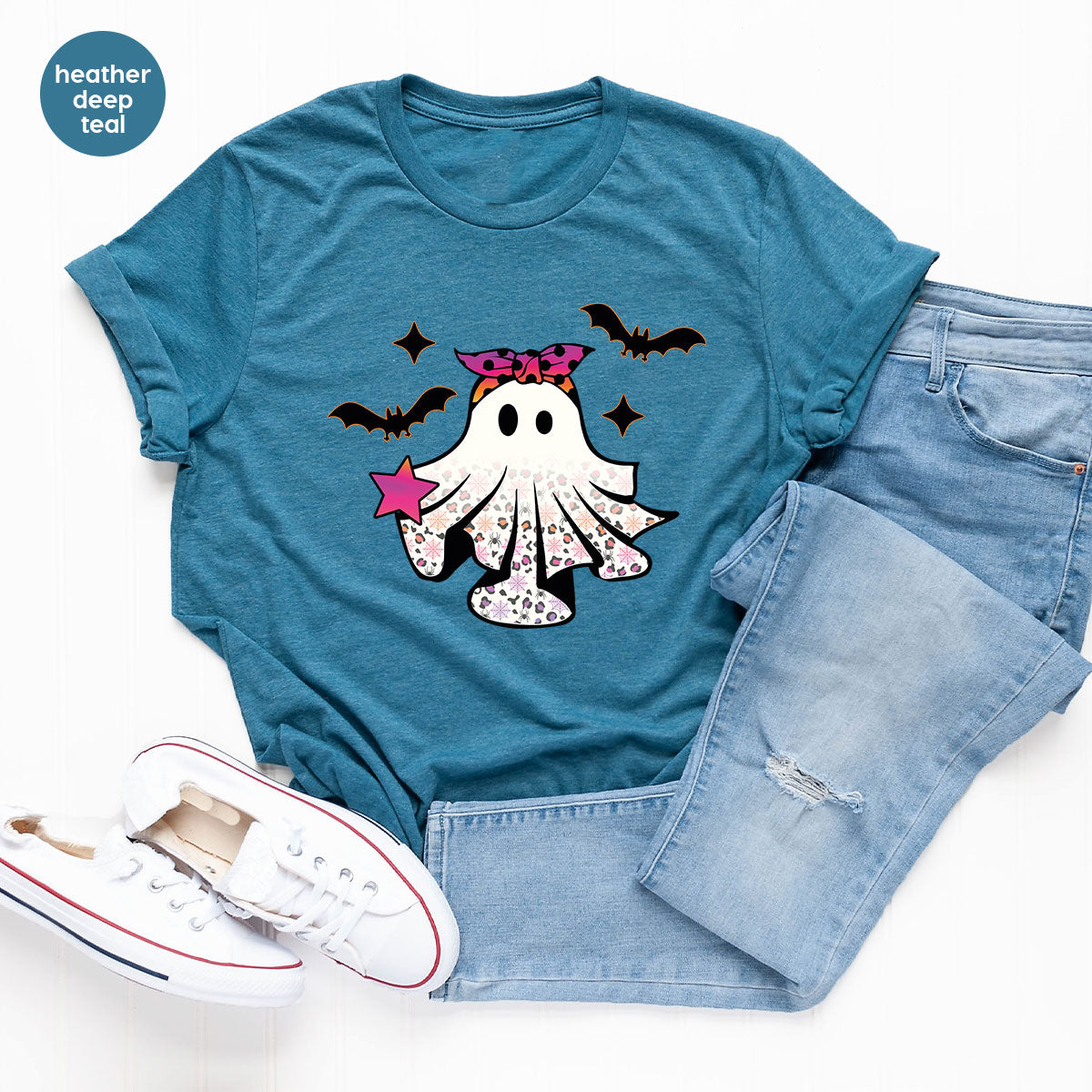 Spooky Season Outfit, Ghost Graphic Tee, Girls Boo Vneck TShirt
