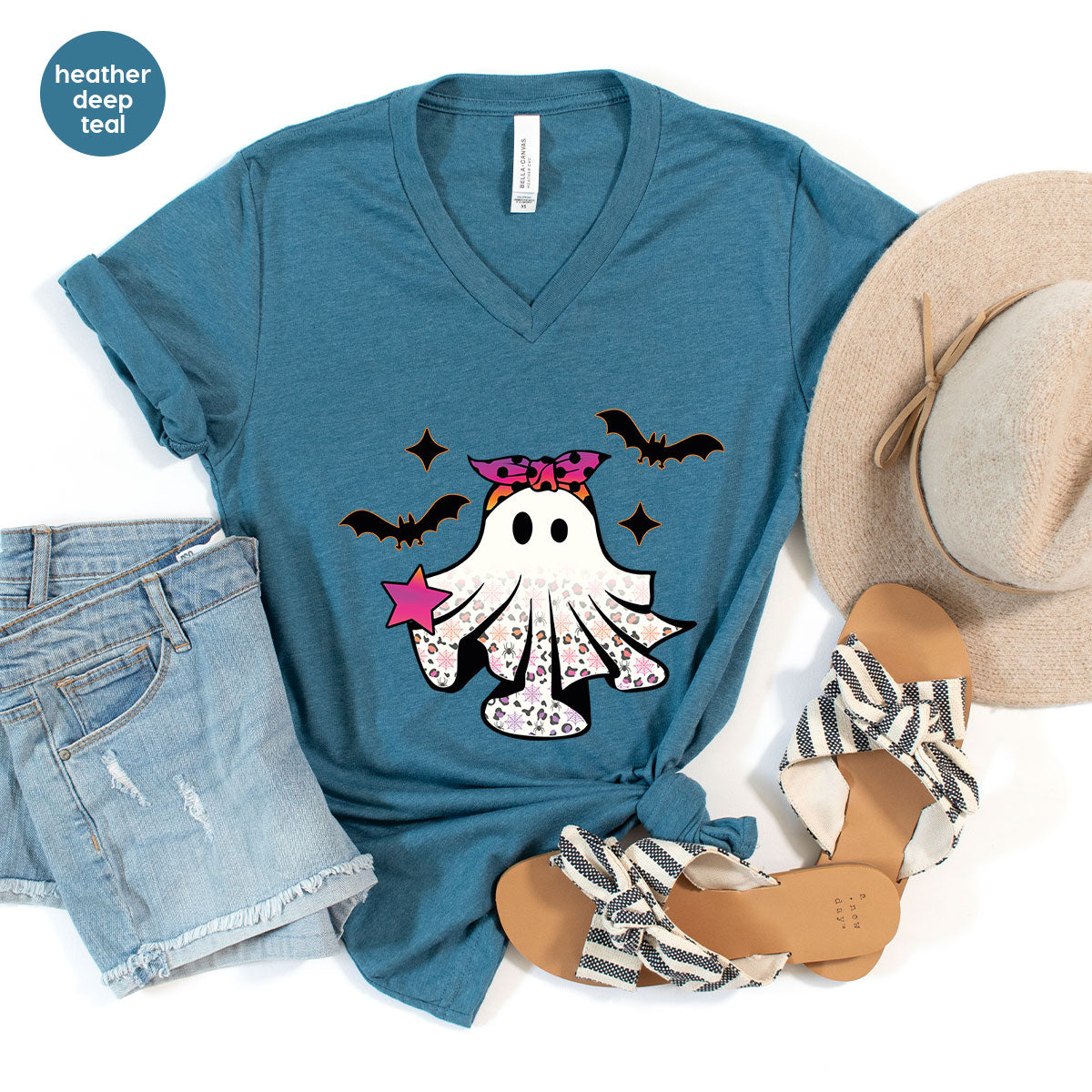 Spooky Season Outfit, Ghost Graphic Tee, Girls Boo Vneck TShirt