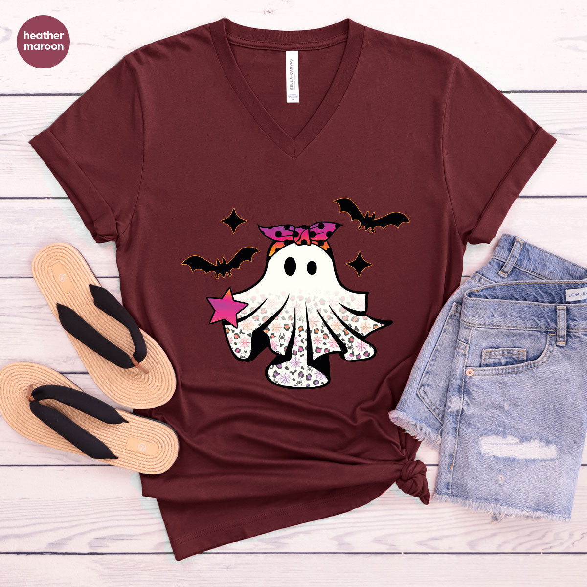 Spooky Season Outfit, Ghost Graphic Tee, Girls Boo Vneck TShirt