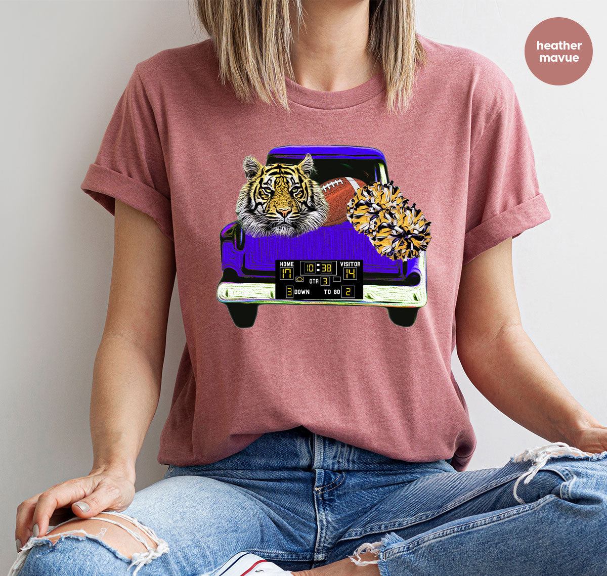 Football Truck Shirt, Tiger Graphic Tees, Football Mom TShirt, Football Gifts for Her, Cheer Vneck Shirt, Gift for Him, Sports Clothing