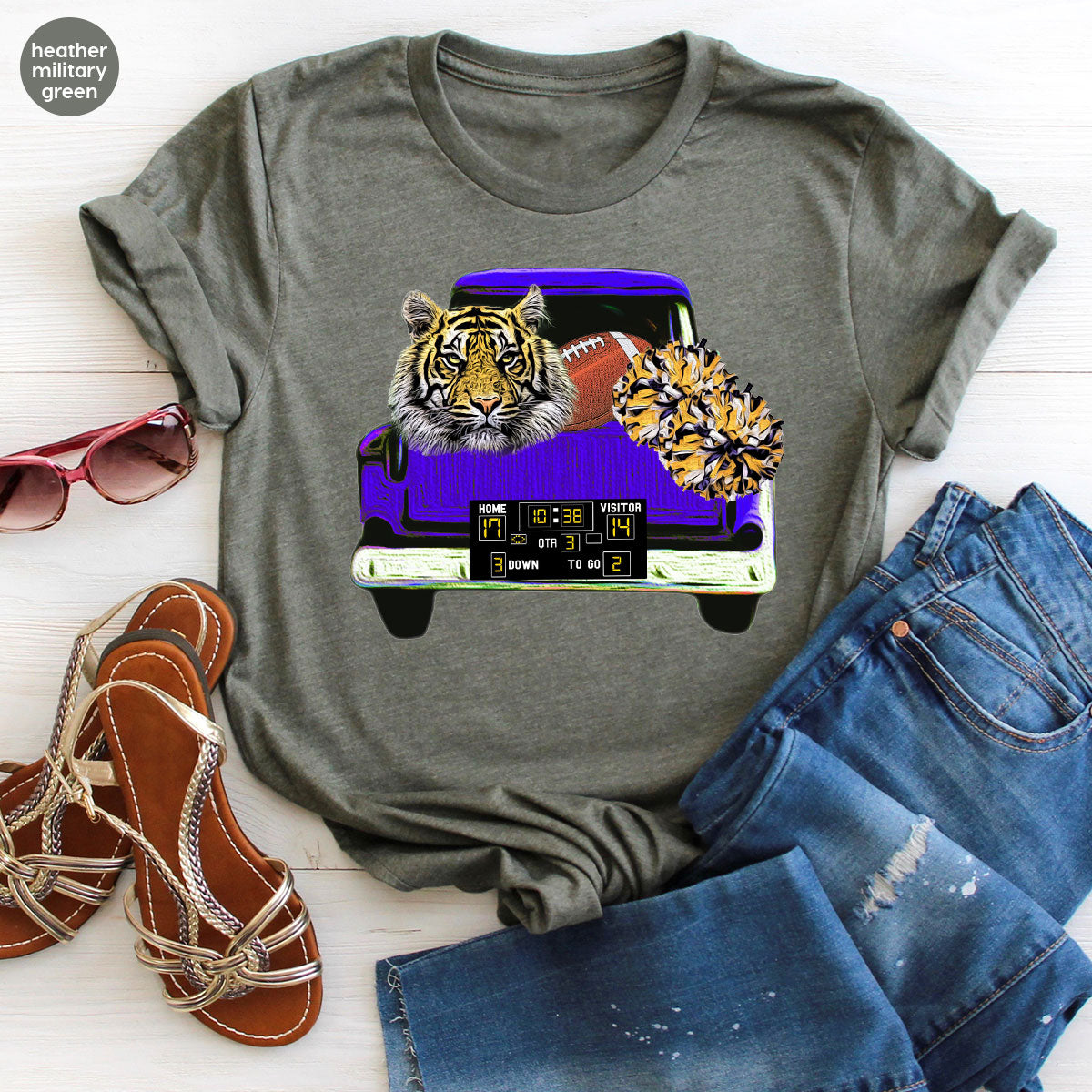 Football Truck Shirt, Tiger Graphic Tees, Football Mom TShirt, Football Gifts for Her, Cheer Vneck Shirt, Gift for Him, Sports Clothing