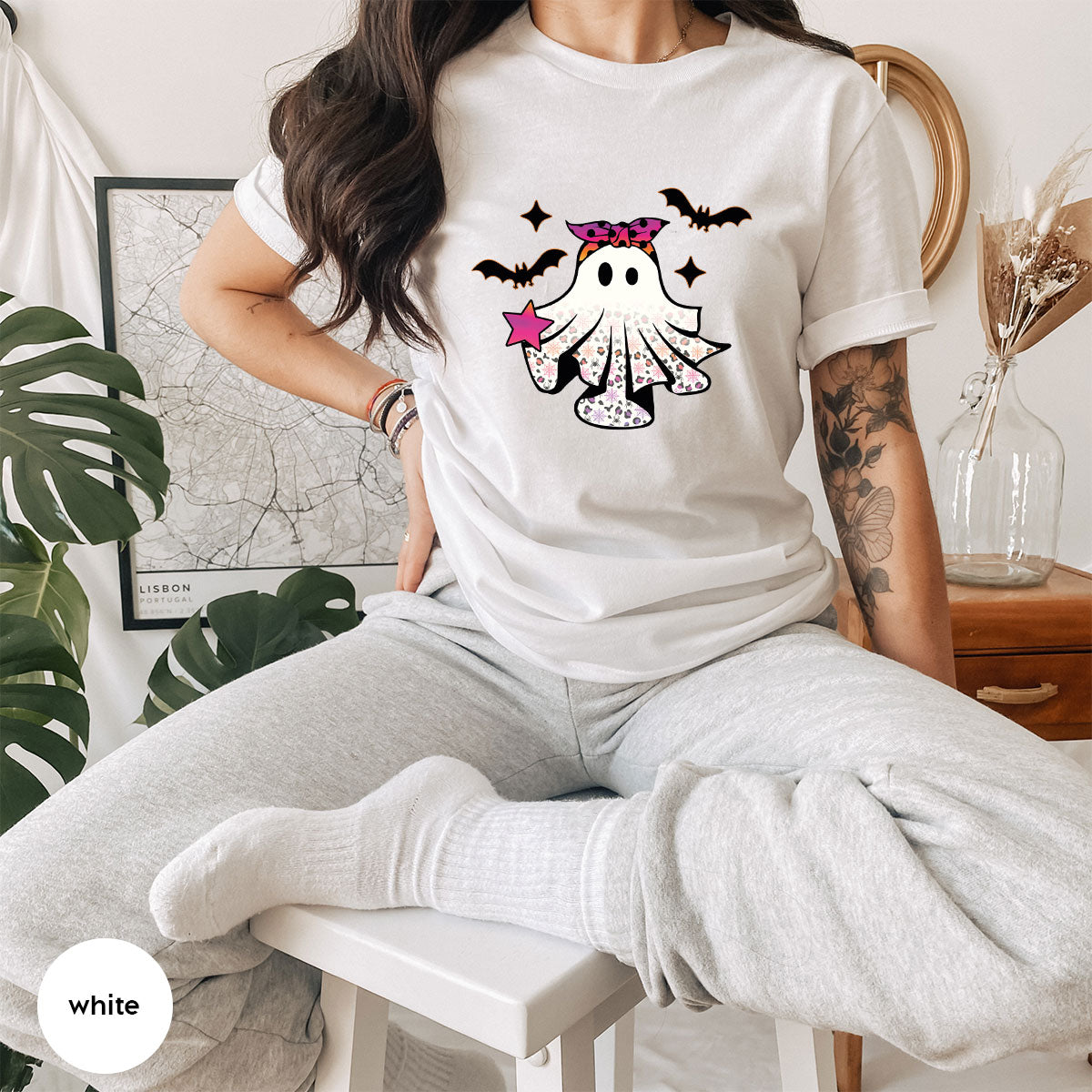 Spooky Season Outfit, Ghost Graphic Tee, Girls Boo Vneck TShirt