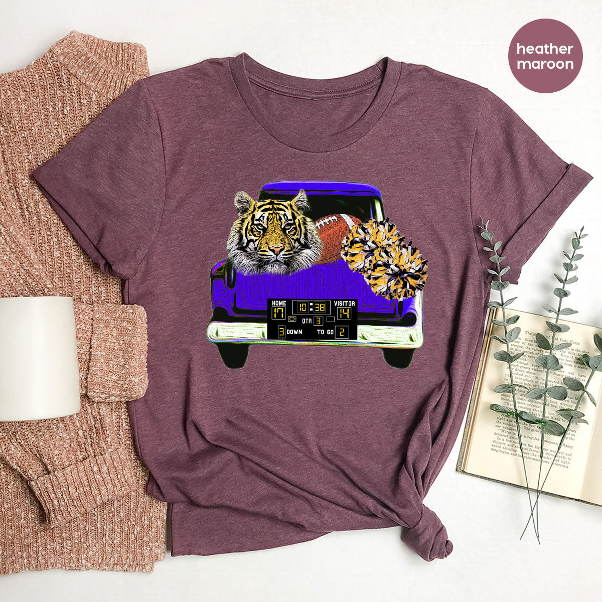 Football Truck Shirt, Tiger Graphic Tees, Football Mom TShirt, Football Gifts for Her, Cheer Vneck Shirt, Gift for Him, Sports Clothing