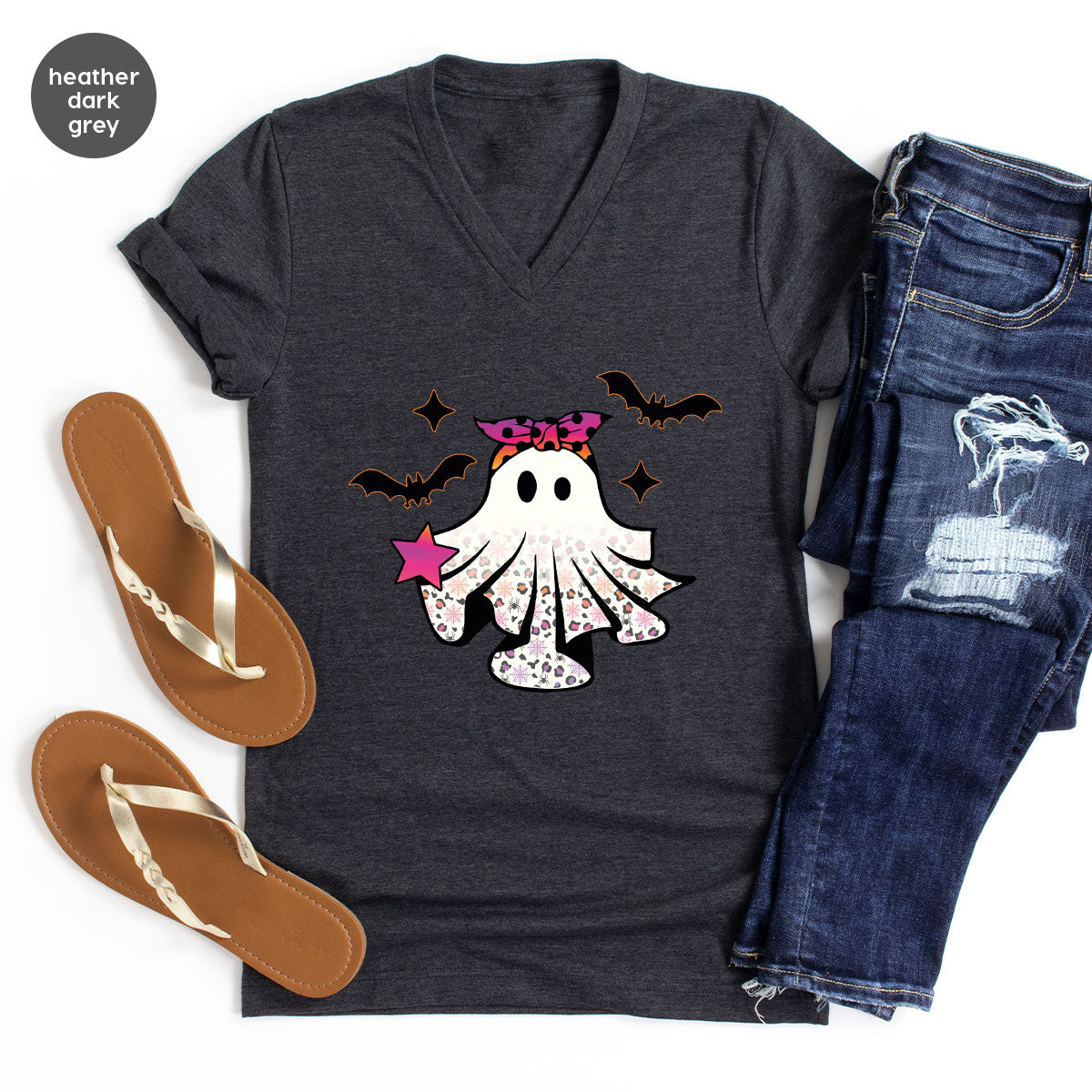 Spooky Season Outfit, Ghost Graphic Tee, Girls Boo Vneck TShirt