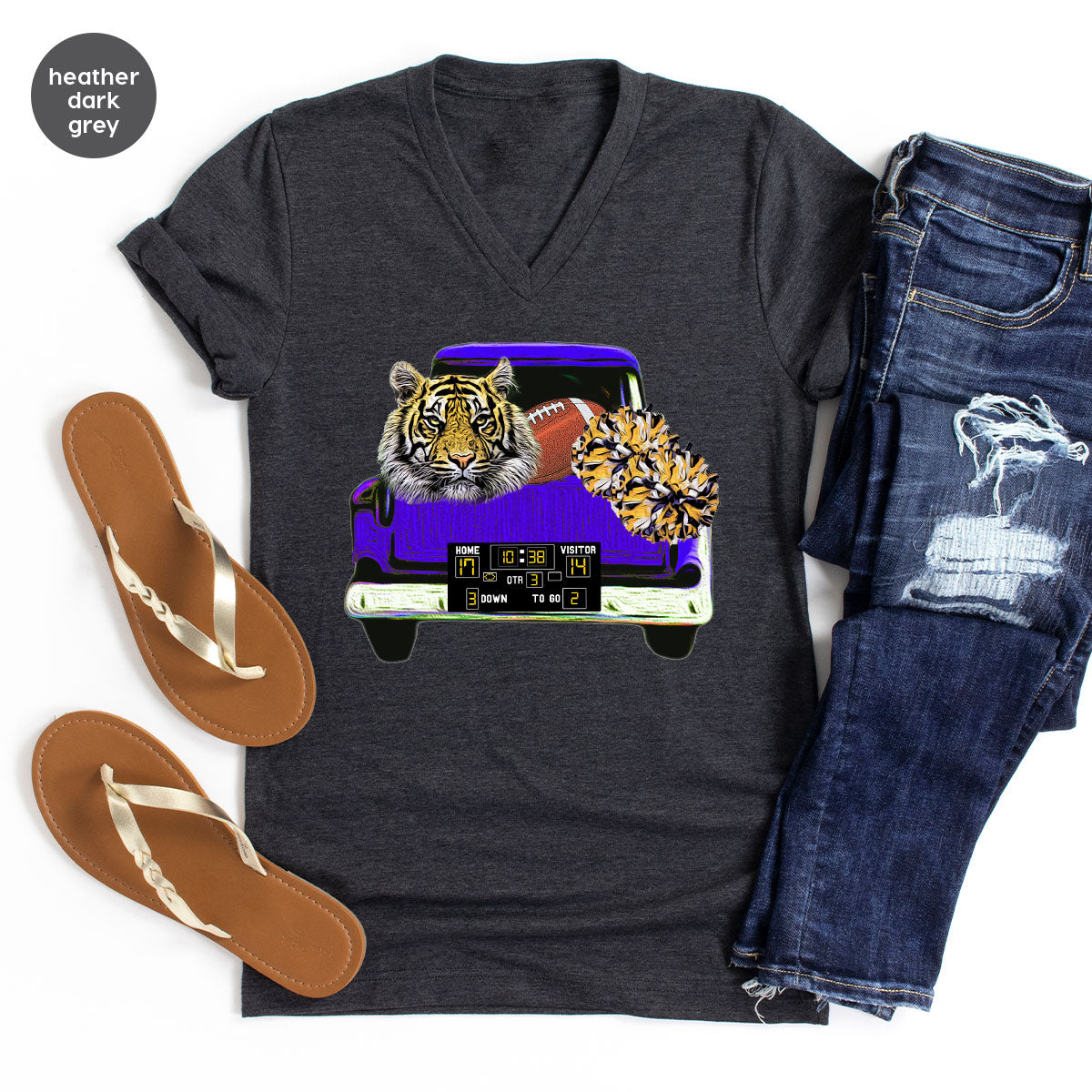 Football Truck Shirt, Tiger Graphic Tees, Football Mom TShirt, Football Gifts for Her, Cheer Vneck Shirt, Gift for Him, Sports Clothing