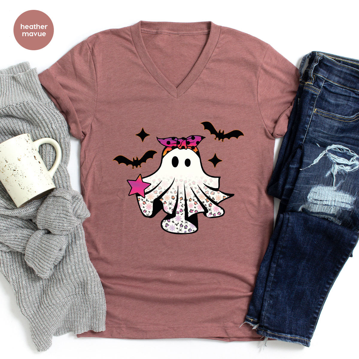 Spooky Season Outfit, Ghost Graphic Tee, Girls Boo Vneck TShirt