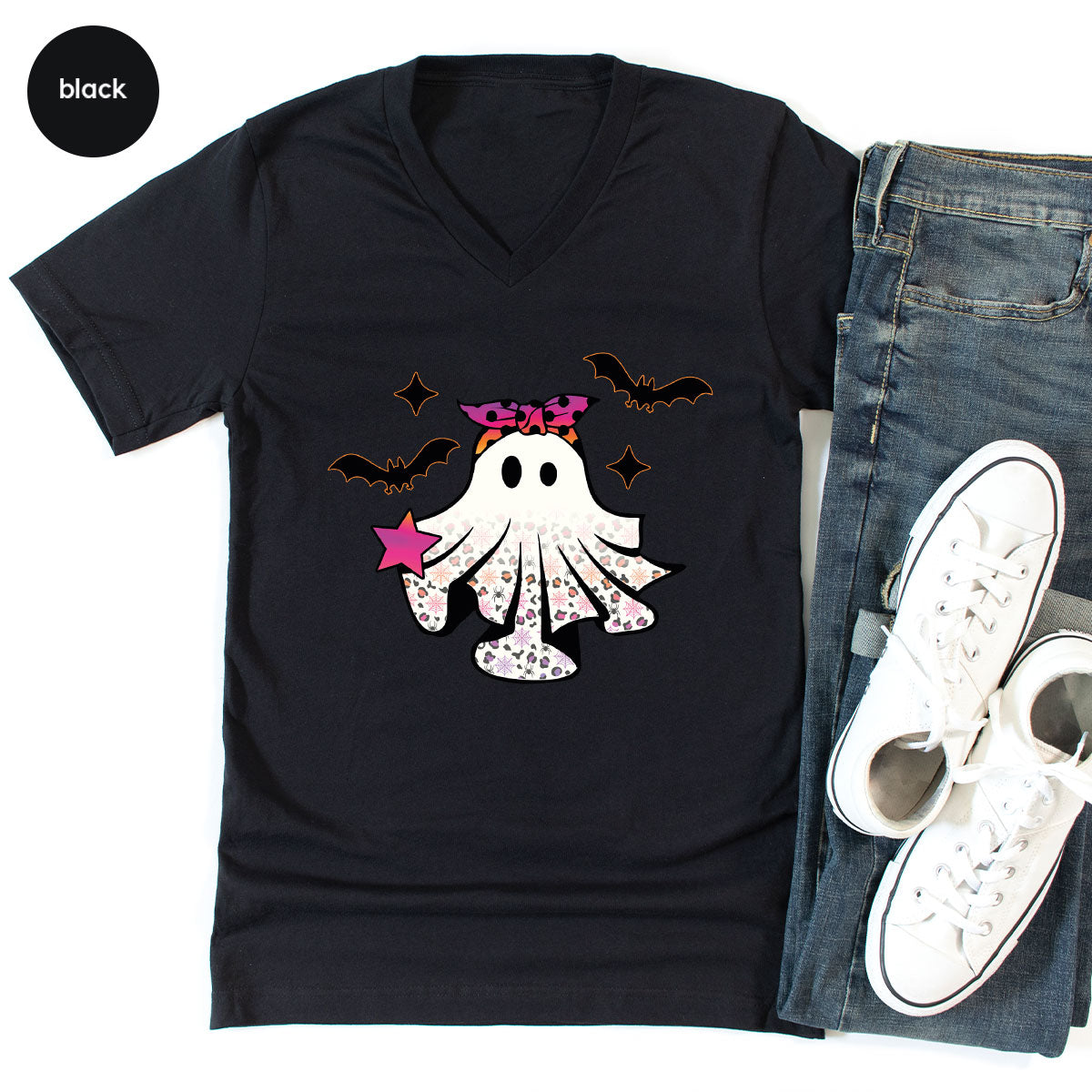 Spooky Season Outfit, Ghost Graphic Tee, Girls Boo Vneck TShirt