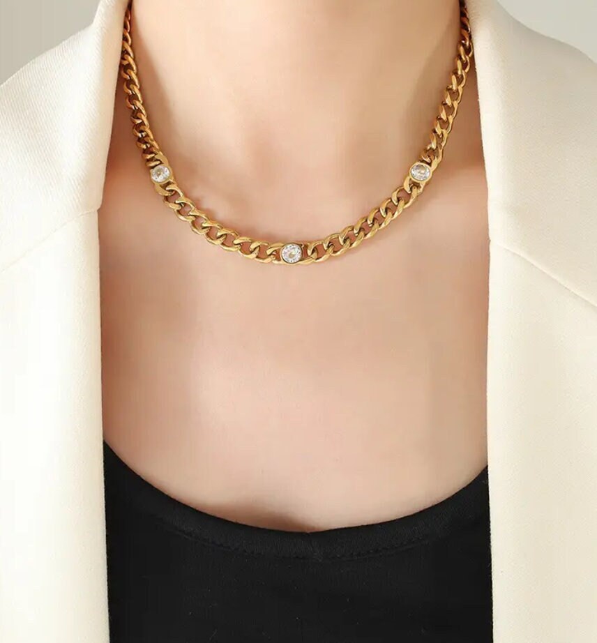 Curby Chain Necklace With CZ Stone, 18K Gold, Delicate Necklace, Gift For Her, Modern Necklace, Steel Waterproof Necklace, Unique Jewelry