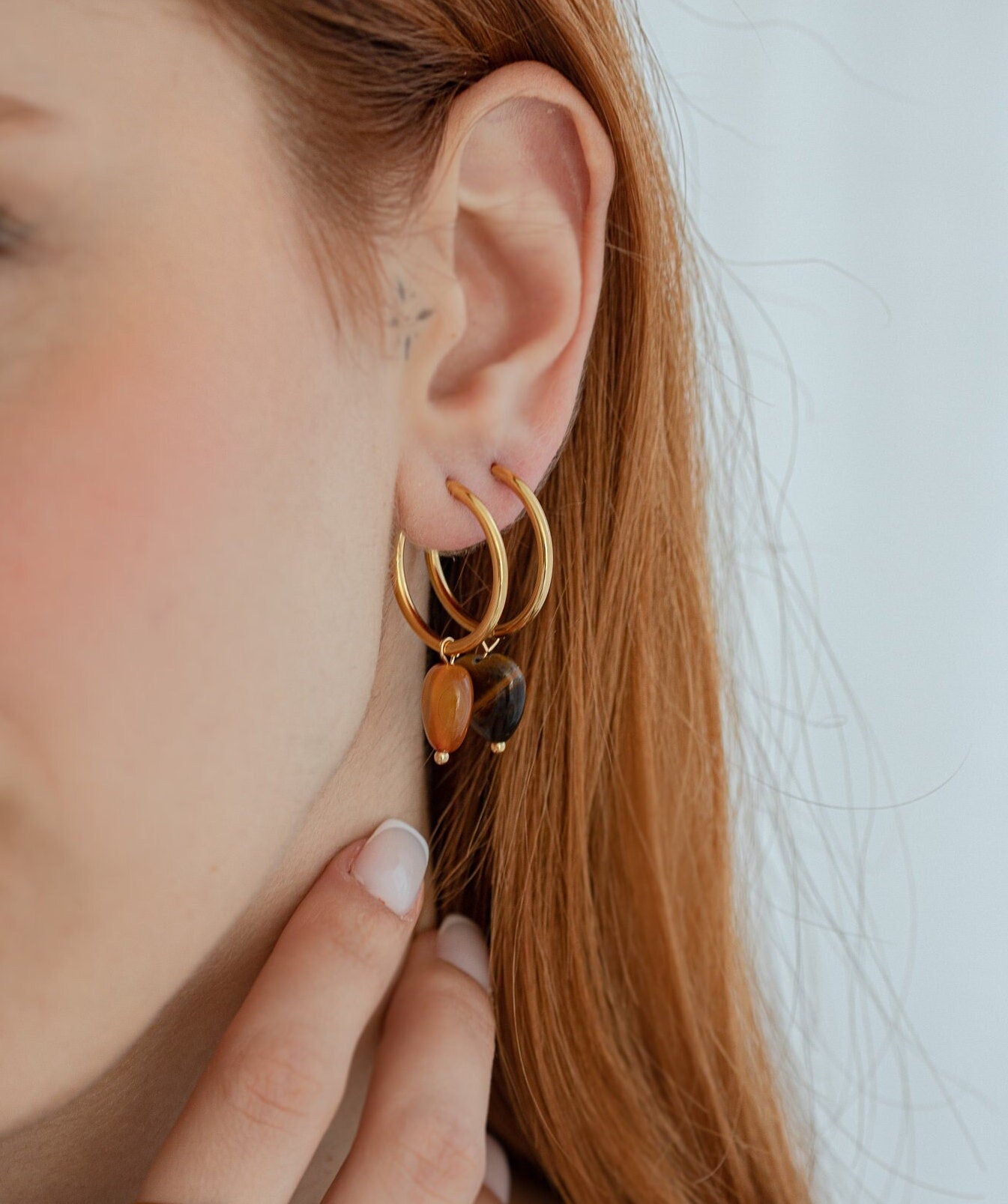 Natural Stone Heart Earrings, 18K Gold, Step Mom Gift, Dainty Earrings, Mothers Day Gift, Colorful Hoop Earrings, Handmade Jewelry For Mom