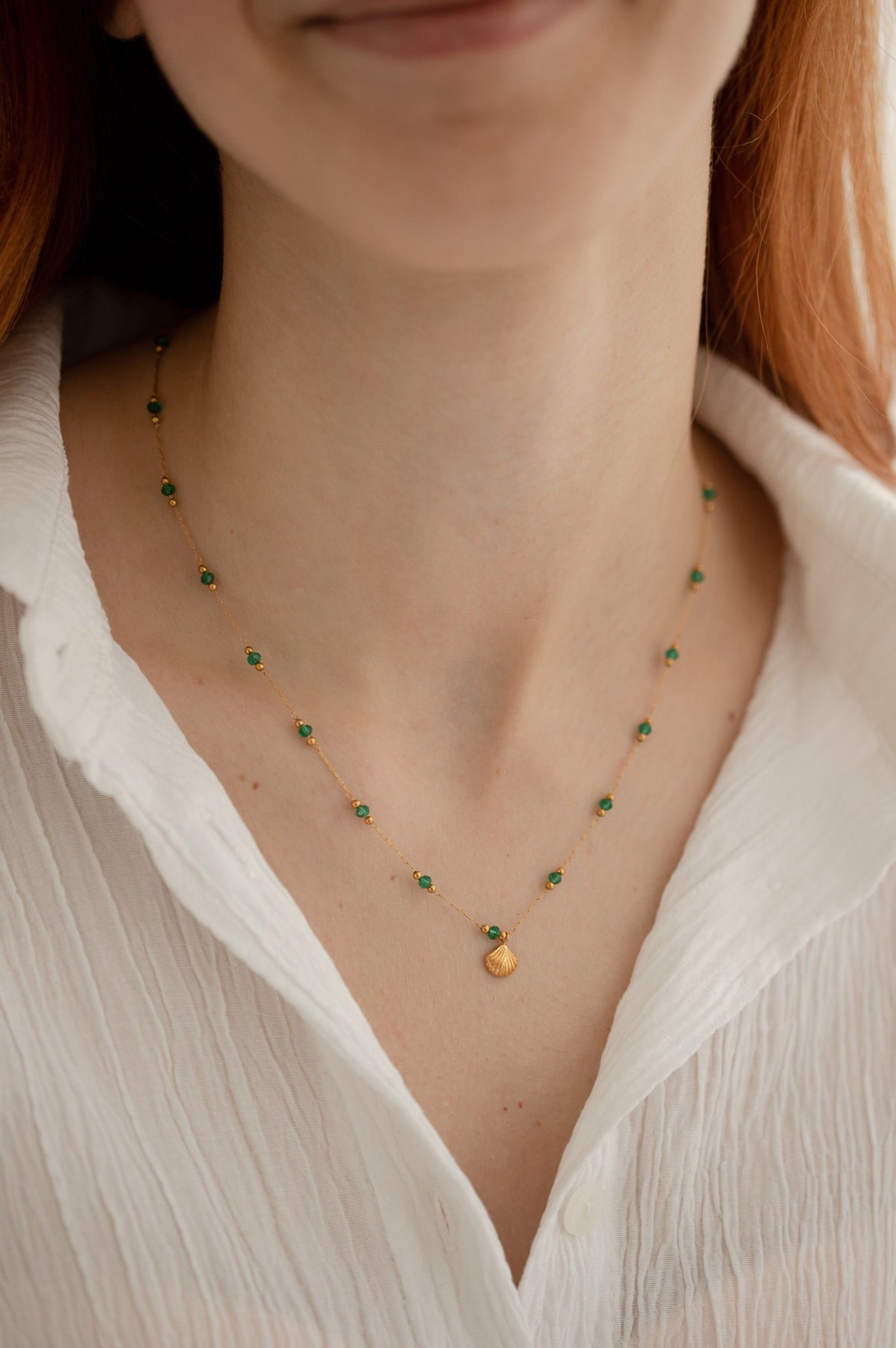 Green Stone Shell Necklace, 18K Gold, Natural Stone Necklace, Mothers Day Gift, Green Beaded Necklace, Gift For Mom, Necklaces For Women